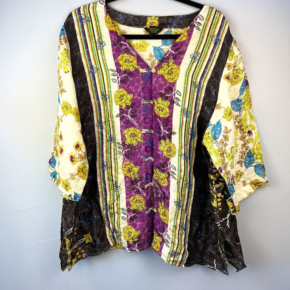 Citron Poeme Silk Blend Asian Floral Tunic Top Size 2X Contrasting Print